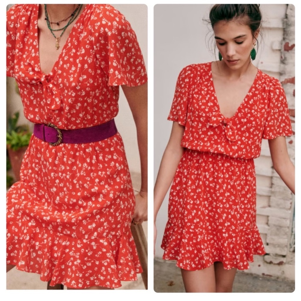 Sezane Gigi Red Coral Floral Mini Dress Size US 10